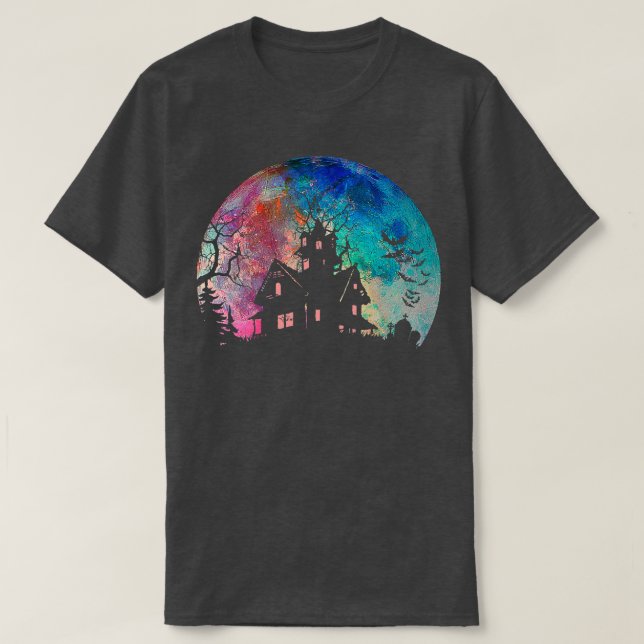 T-shirt Creepy Haunted House & Spooky Watercolor Full Moon (Design devant)