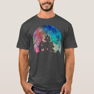 T-shirt Creepy Haunted House & Spooky Watercolor Full Moon