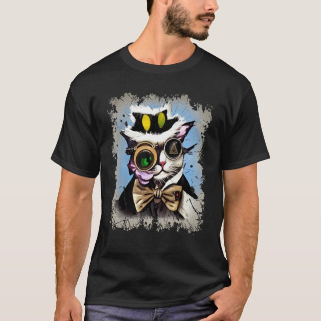 T-shirt Creepy Illuminati Cat Cyborg Monocle Steam Cat Pun (Devant)