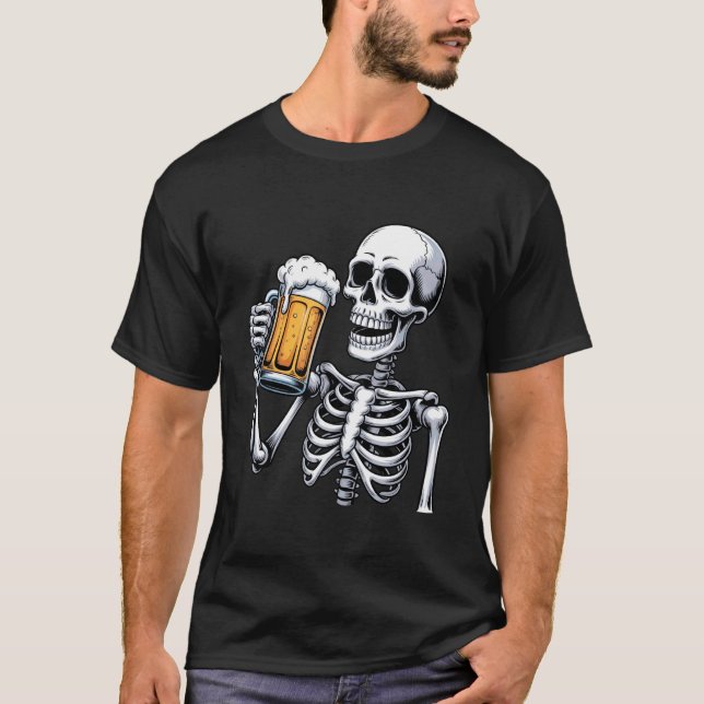 T-shirt Creepy Skeleton Drinking Beer Halloween Costume Me (Devant)