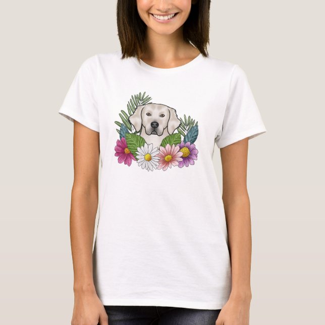 T-shirt Crème Golden Retriever Head Avec Fleurs Colorées (Devant)
