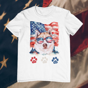 T-shirt Crème Rouge Blanc Bleu Husky Sibérien 4 Juillet
