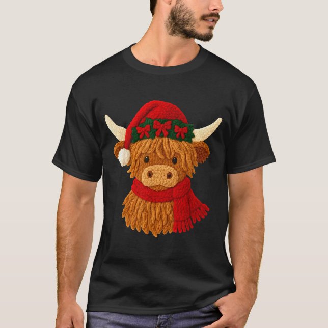 T-shirt Crochet Highland Cow Christmas Winter Girly Kids T (Devant)