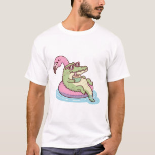 T-shirt Crocodile Chilling Sur Flotte De Piscine Flamant r