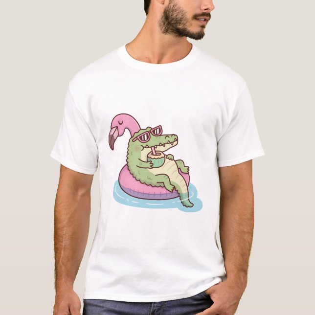 T-shirt Crocodile Chilling Sur Flotte De Piscine Flamant r (Devant)