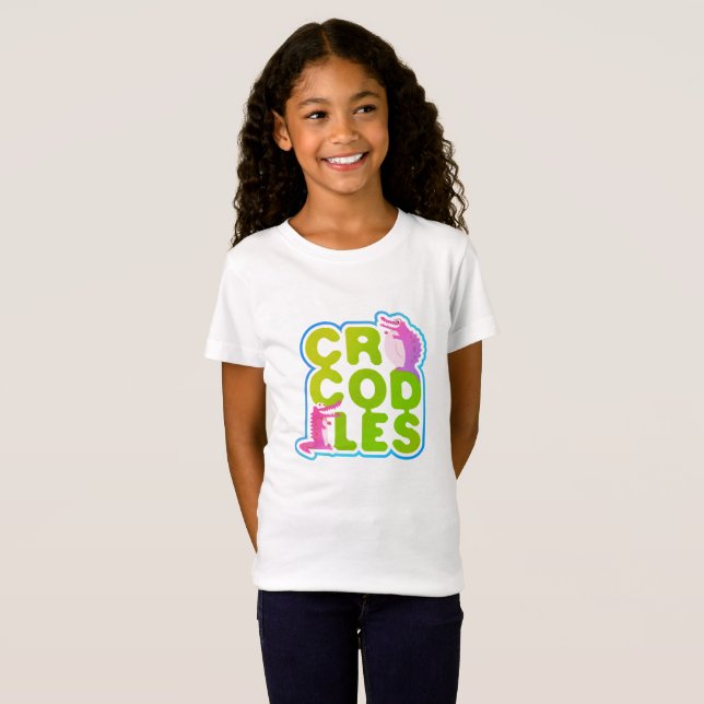 T-Shirt Crocodiles avec deux crocs heureux - lettres verte (Devant entier)