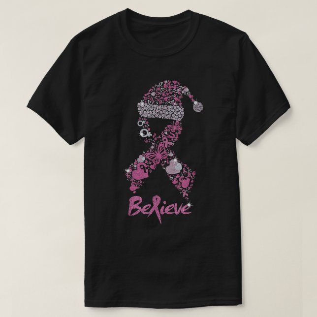 T-shirt Croire Cancer du sein Ruban Noël Santa Hat S (Design devant)