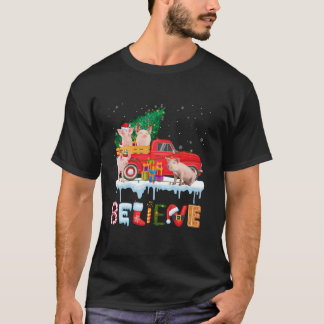 T-shirt Croire Pig équitation Camion Rouge Arbre de Noël C