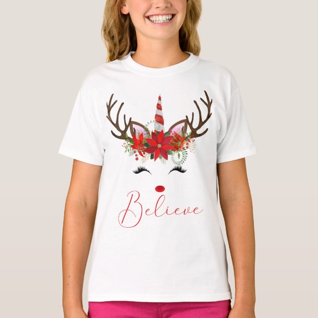 T-shirt Croire Rouge & Blanc Poinsettia Reindeer Unicorn (Devant)