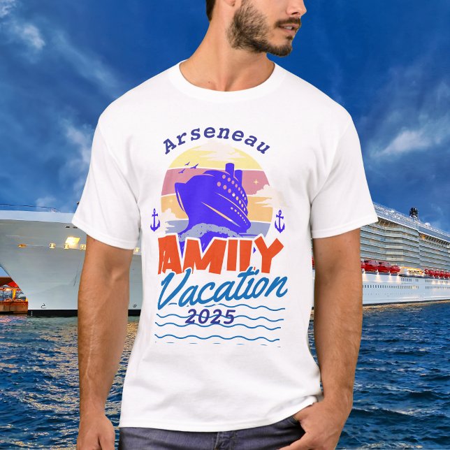 T-shirt Croisière en famille Coucher de soleil orange/bleu (Personalize this design for your Family Vacation)