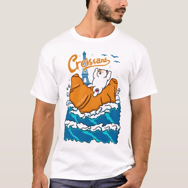 T-shirt Croissant et chat dans la vague (Devant)