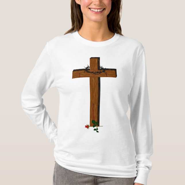 T-shirt Croix Avec Une Couronne D'Épine Et Une Rose Rouge (Devant)