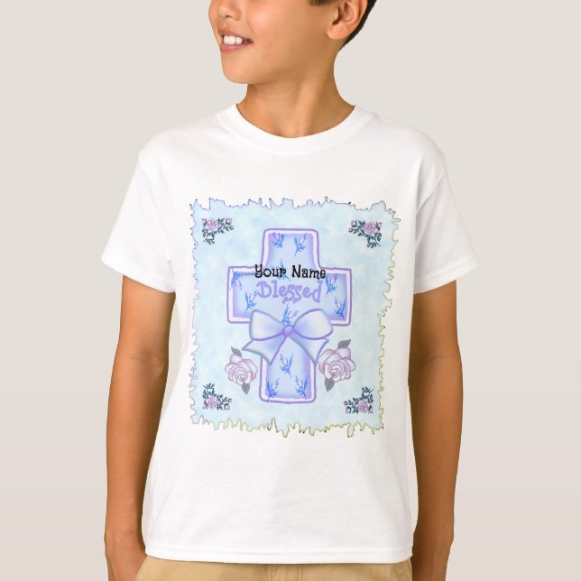 T-shirt Croix chrétienne Blue Bless This Child  (Devant)