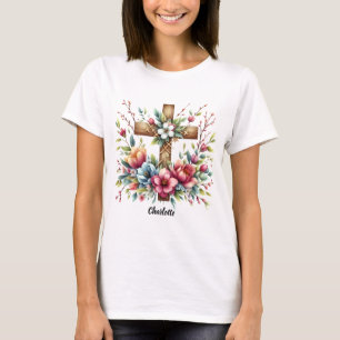 T-shirt Croix chrétienne Encerclée Fleurs de Printemps Art