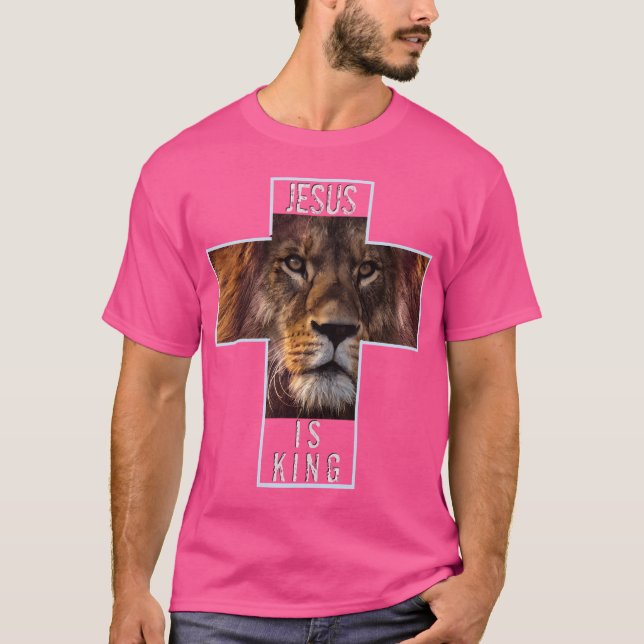 T-shirt Croix Chrétienne Et Lion "Jésus Est Roi" (Devant)