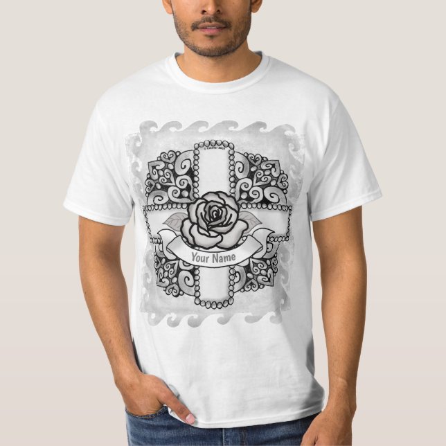 t-shirt Croix chrétienne filigranée rose (Devant)