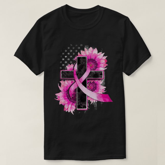 T-shirt Croix chrétienne Ruban rose Tournesol Cancer du se (Design devant)