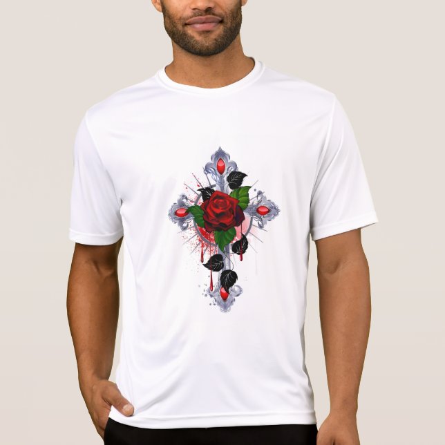 T-shirt Croix d'argent avec une rose rouge (Devant)