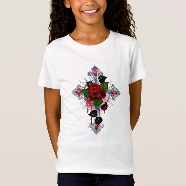 T-Shirt Croix d'argent avec une rose rouge (Devant)
