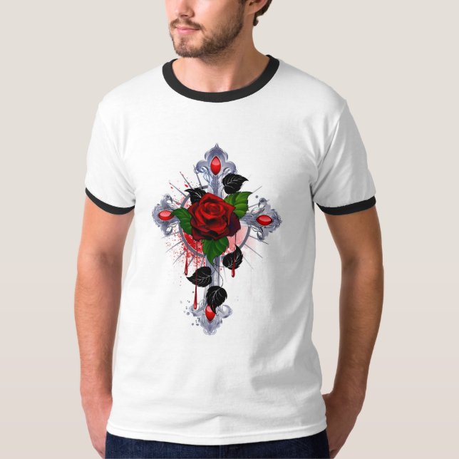 T-shirt Croix d'argent avec une rose rouge (Devant)