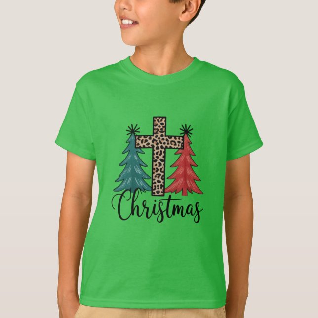 T-shirt Croix de léopard Arbres de Noël Chrétiens  (Devant)