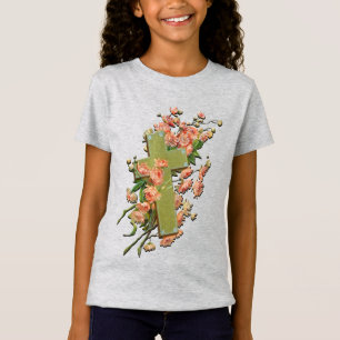 T-Shirt Croix de Pâques avec Fleurs roses Chemise Gris Gir