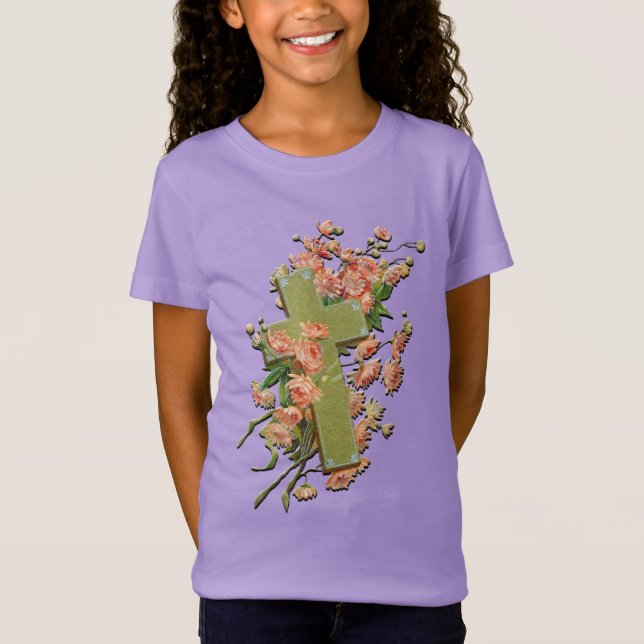T-Shirt Croix de Pâques avec Fleurs roses Lilac Girls Chem (Devant)