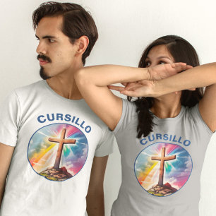 T-shirt Croix en bois Cursillo avec arc-en-ciel et nuages