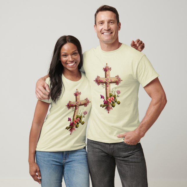 T-shirt Croix en bois élégante aux fleurs roses (Unisexe)