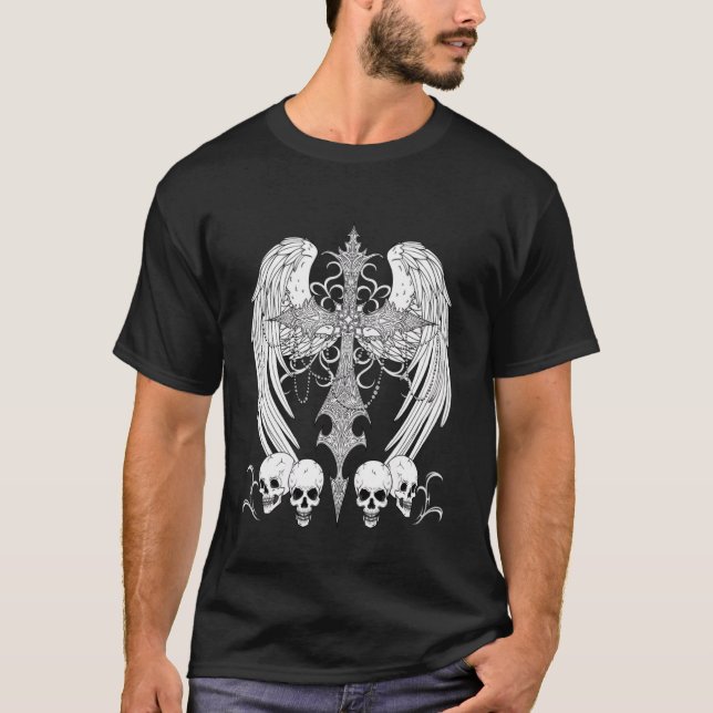 T-shirt Croix gothique ailes et crânes Grunge Alt Emo (Devant)