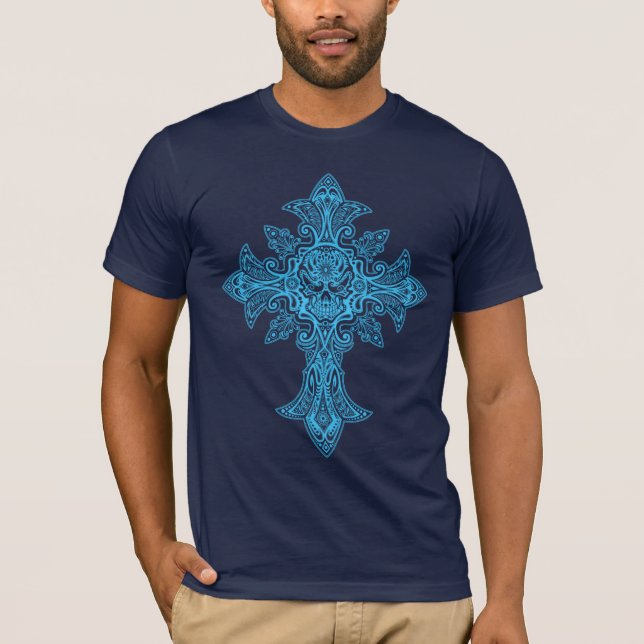 T-shirt Croix gothique de crâne (bleu-foncé) (Devant)