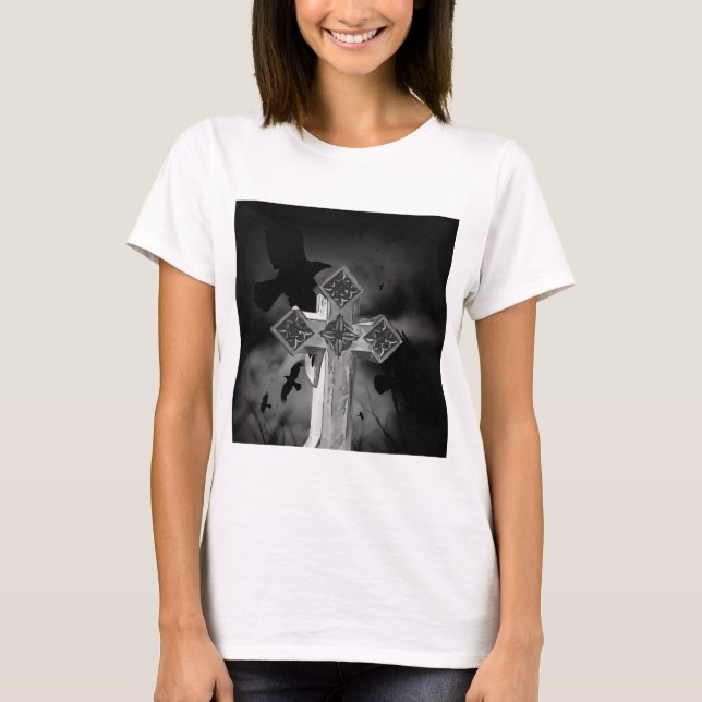 T-shirt Croix gothique Lune GraveYard avec Corbeaux (Devant)