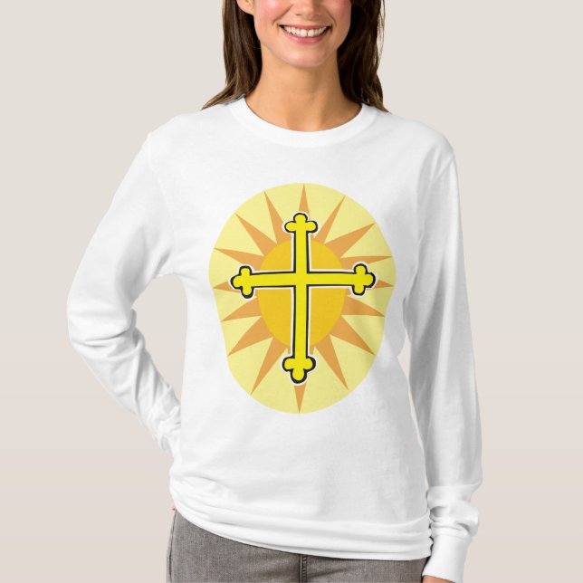 T-shirt Croix jaune boutonné Soleil levant Foi chrétienne (Devant)