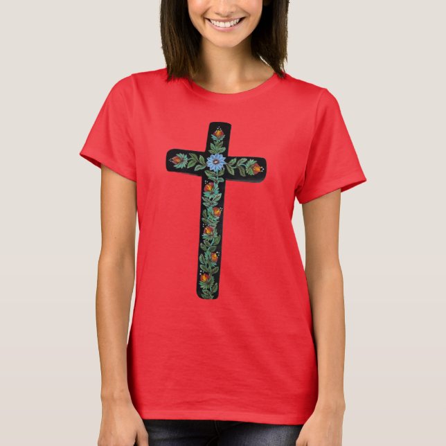 T-shirt Croix noire avec fleurs (Devant)