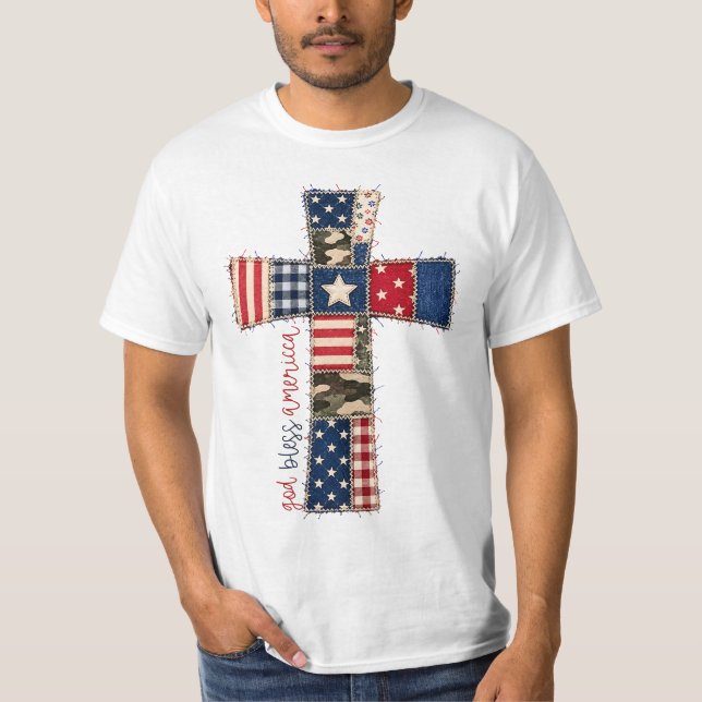 T-shirt Croix patchwork Dieu bénisse l'Amérique (Devant)