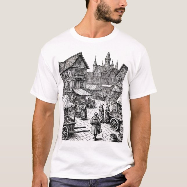 T-shirt Croquis À Main Du Marché Médiéval (Devant)