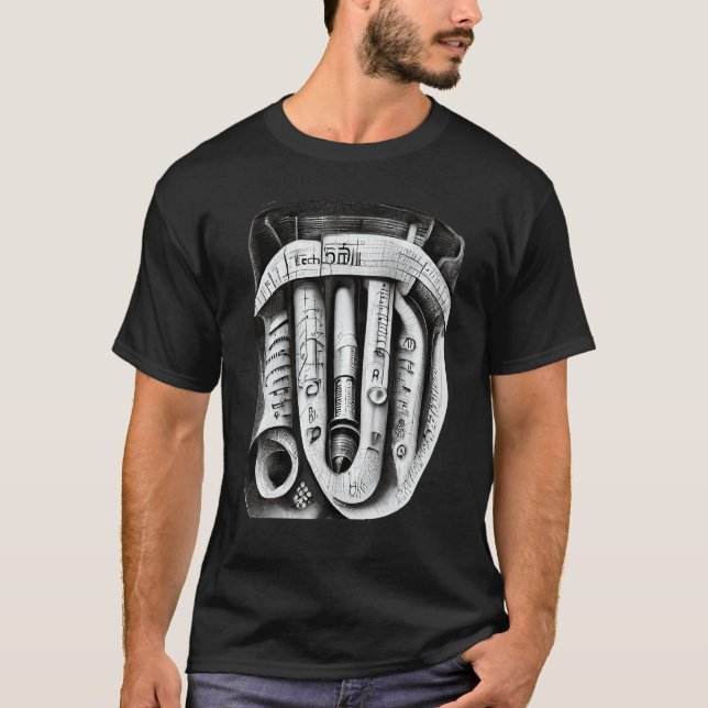 T-shirt Croquis au crayon de machine mécanique complexe d' (Devant)