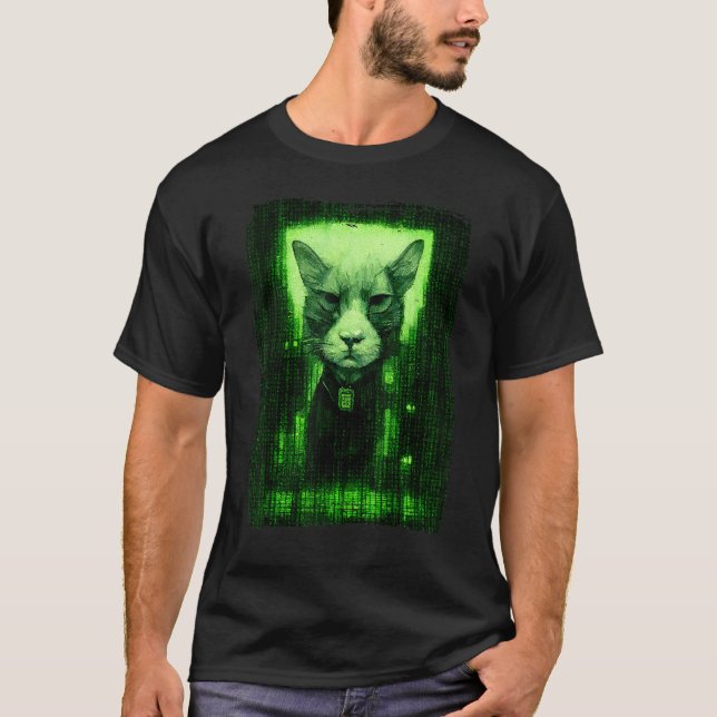T-shirt Croquis de chat numérique entouré de code informat (Devant)