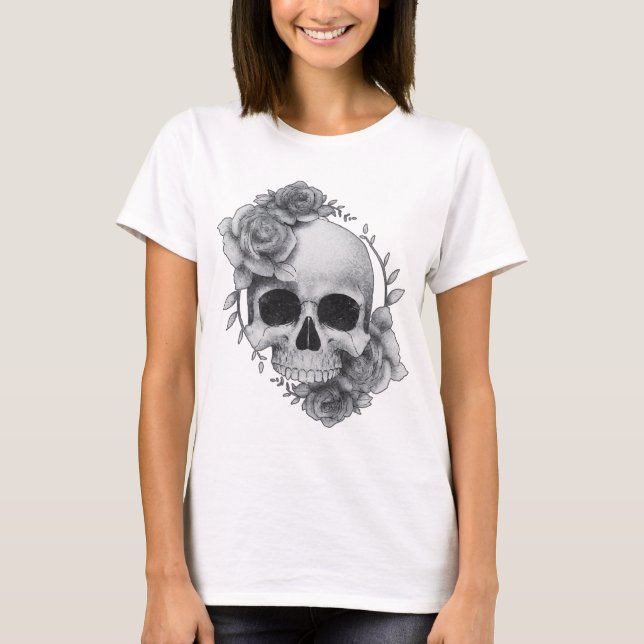 T-shirt Croquis de crâne et de roses (Devant)