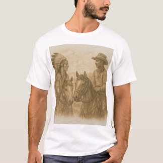 T-shirt Croquis d'Indien et de Cowboy sur chevaux