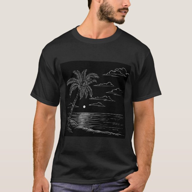 T-shirt Croquis En Gris D'Une Plage Au Coucher Du Soleil,  (Devant)