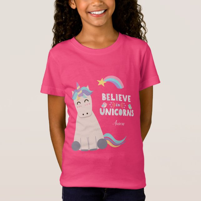T-Shirt Croyez en Unicorns Bleu et Rose fille Motif enfant (Devant)