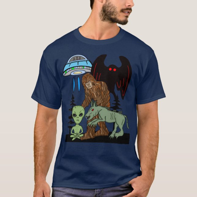 T-shirt Cryptid Big Foot Alien Mothman UFO Chupacabra (Devant)