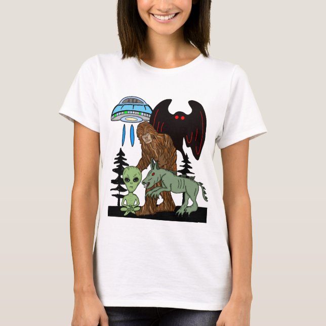 T-shirt Cryptid Big Foot Alien Mothman UFO Chupacabra (Devant)