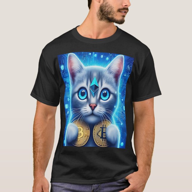 T-shirt "Crypto Cat with Bitcoin and Ethereum Coins (Devant)