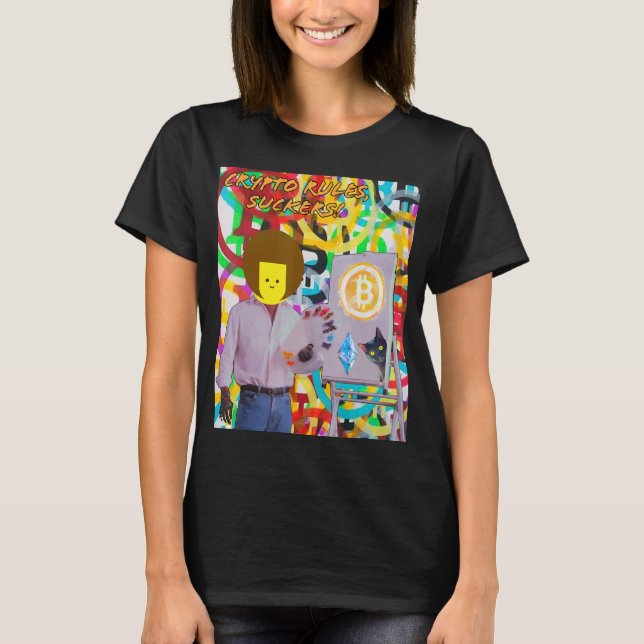 T-shirt Crypto Rules Suckers Bitcoin Ethereum Cat Painting (Devant)