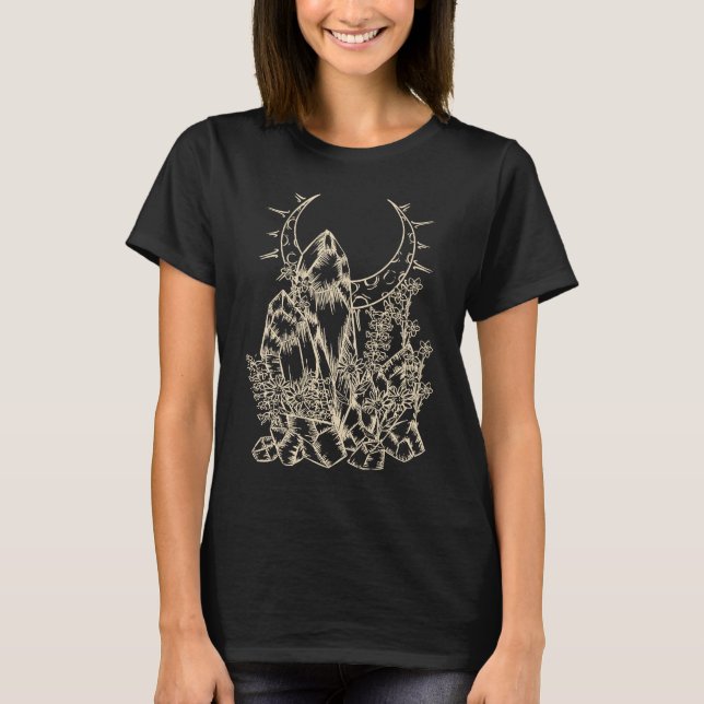 T-shirt Crystals Flowers Moon Witchy E Girl Boy Alt Emo Y2 (Devant)