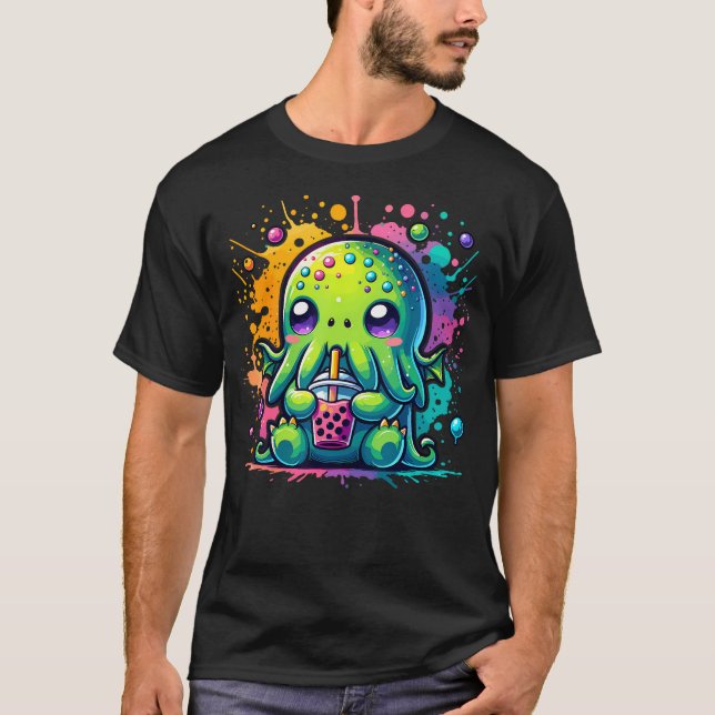 T-shirt Cthulhu Kawaii Anime Alien Bubble Tea (Devant)