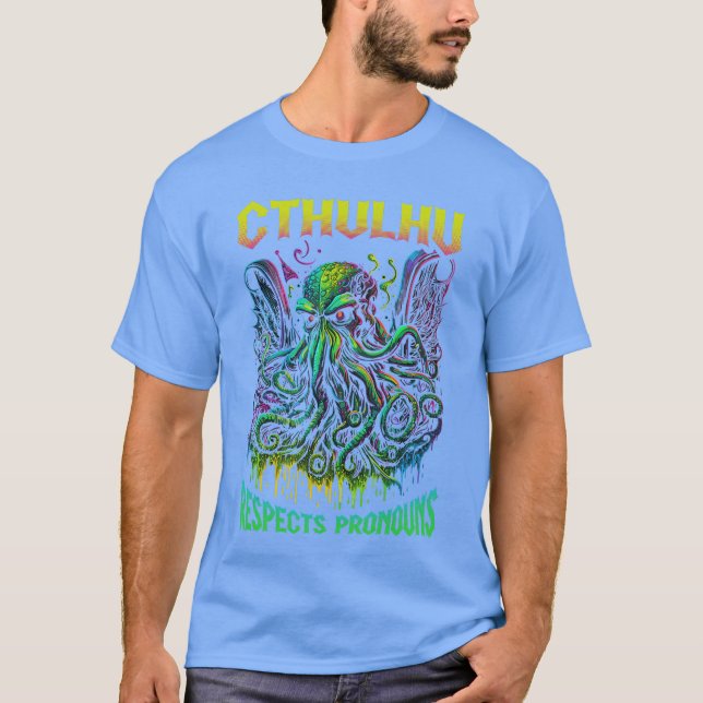T-shirt Cthulhu Respects Pronouns LGBTQ Gay Pride Horror C (Devant)