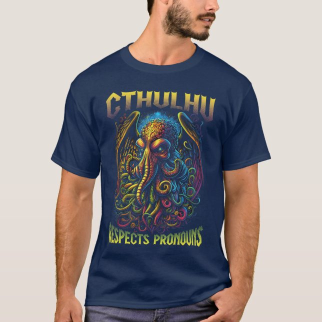 T-shirt Cthulhu Respects Pronouns LGBTQ Gay Pride Horror C (Devant)